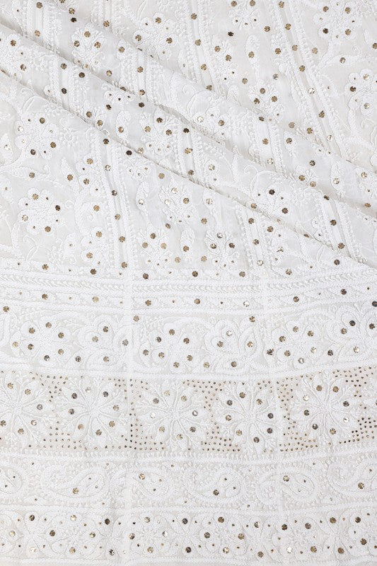 Ada Hand Embroidered White Pure Georgette Lucknowi Chikankari Semi-stitched Anarkali Kurta Dupatta Set with Muqaish Work A534054