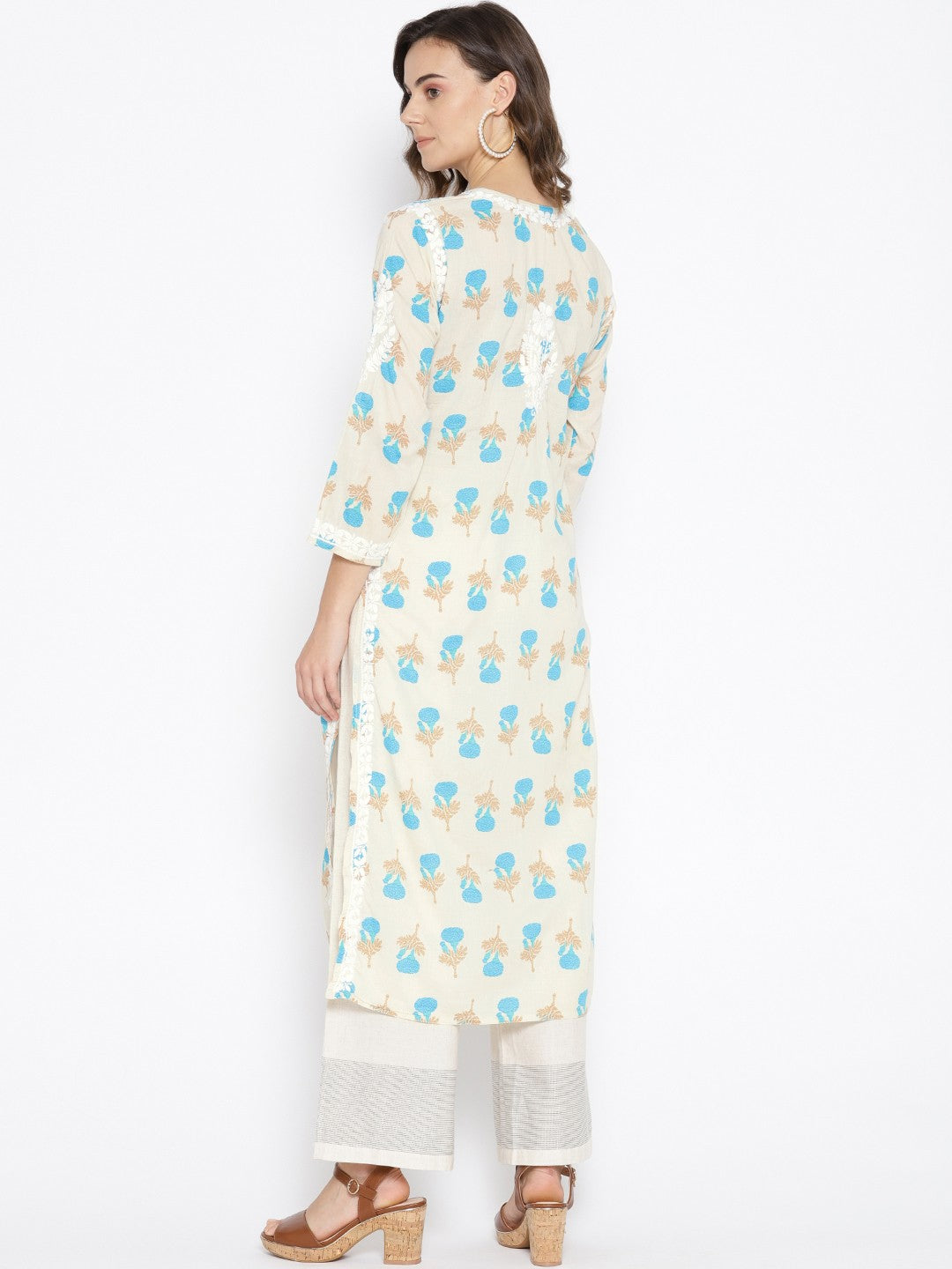 Ada Hand Embroidered Fawn Blue Cotton Lucknow Chikankari Kurta- A100028