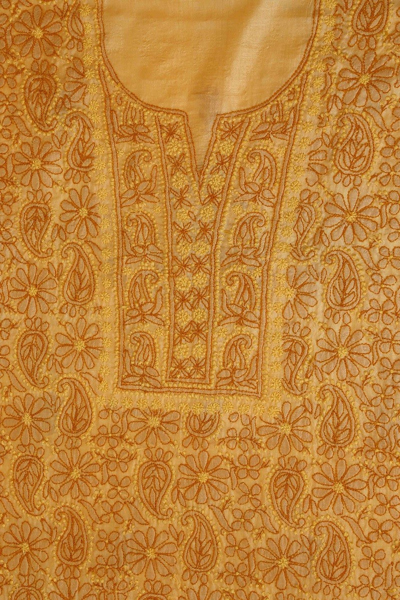 Ada Hand Embroidered Mustard Tusser Silk Lucknowi Chikan Unstitched Suit Piece-A508216