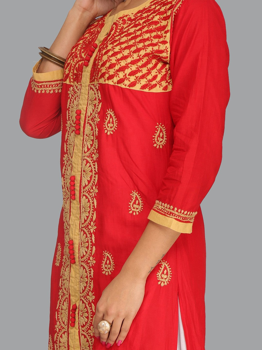 Ada Hand Embroidered Red Cotton Lucknowi Chikankari Straight Kurta A244478