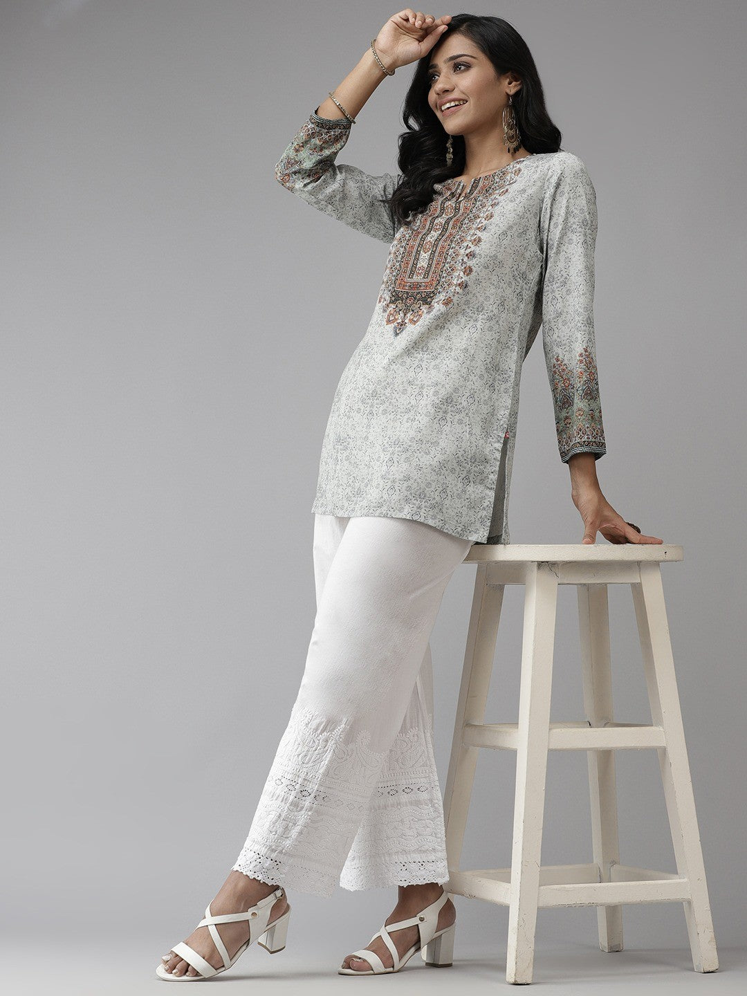 Ada Hand Embroidered White Cotton Lucknow Chikan Palazzo A711142