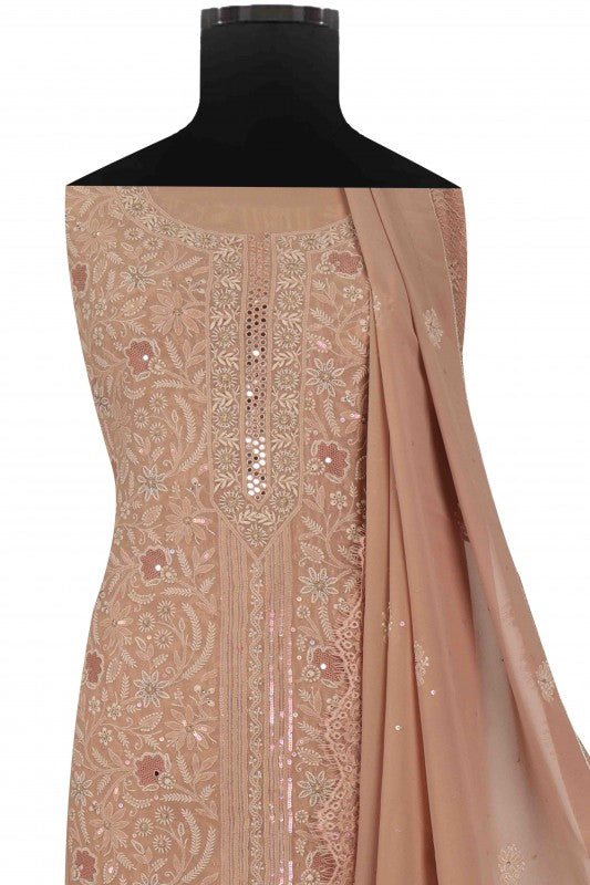 Ada Hand Embroidered Fawn Pure Georgette Lucknowi Chikan Unstitched Kurta Dupatta set A600736