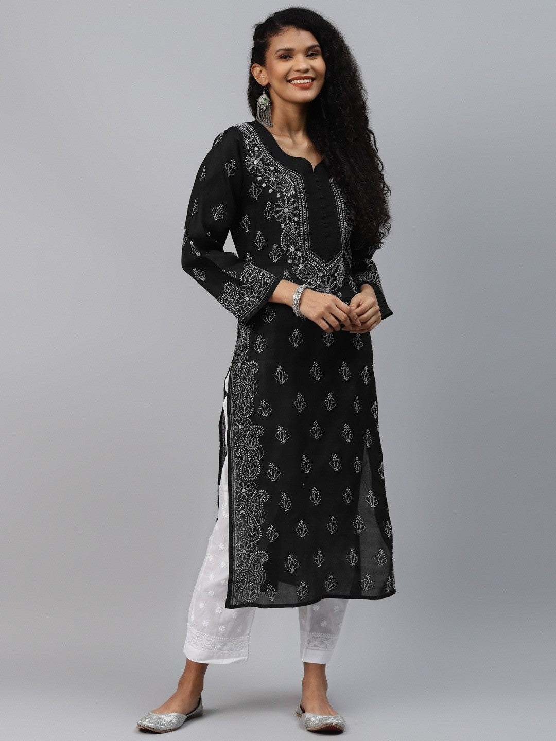 Ada Hand Embroidered Black Cotton Lucknowi Chikankari Straight Kurta A263293