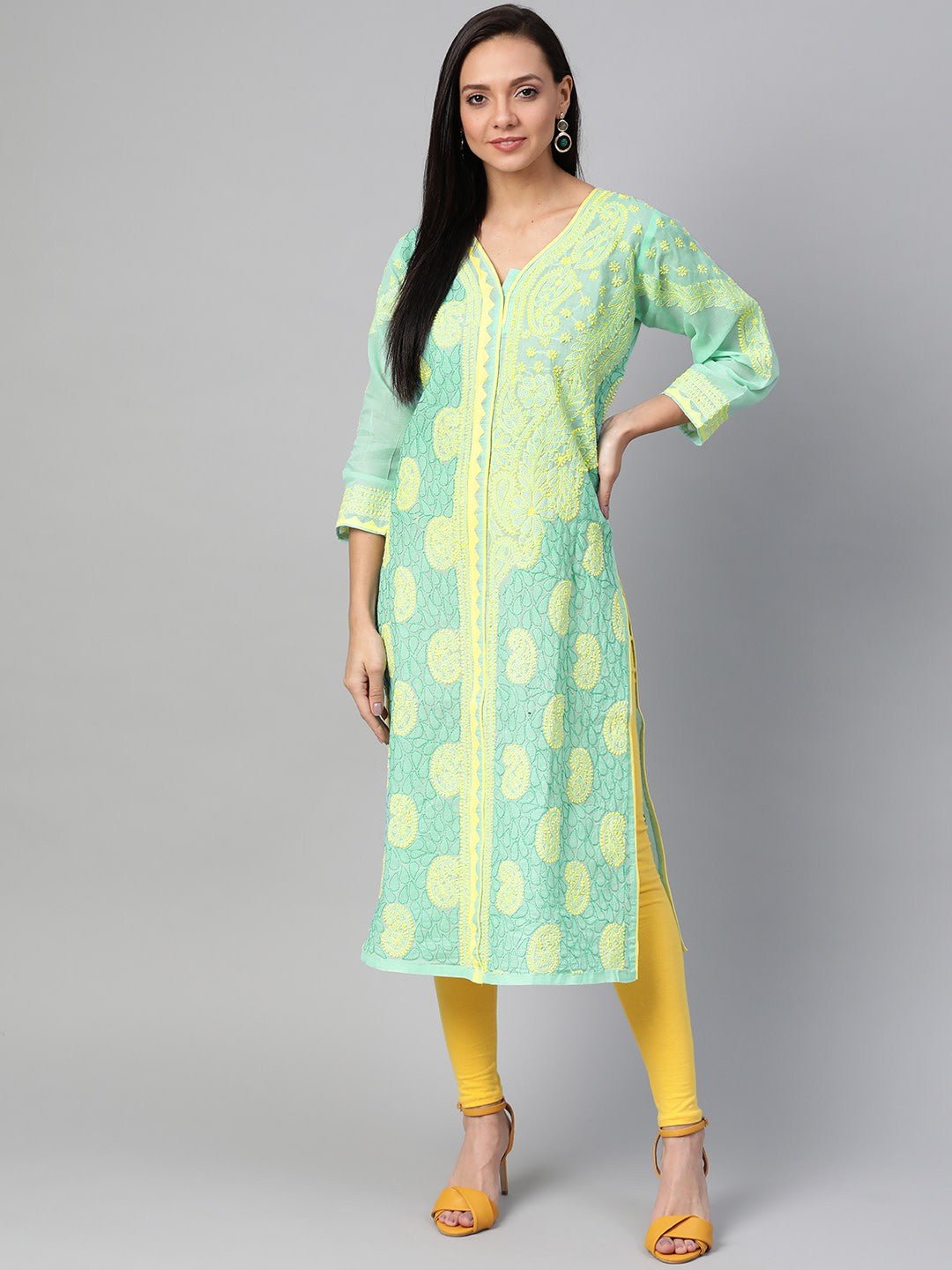 Ada Hand Embroidered Sea Green Cotton Lucknowi Chikankari Straight Kurta A100439