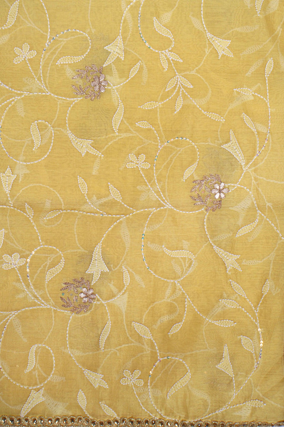 Ada Hand Embroidered Yellow Chanderi Lucknowi Chikankari Dupatta With Zari Work A105795