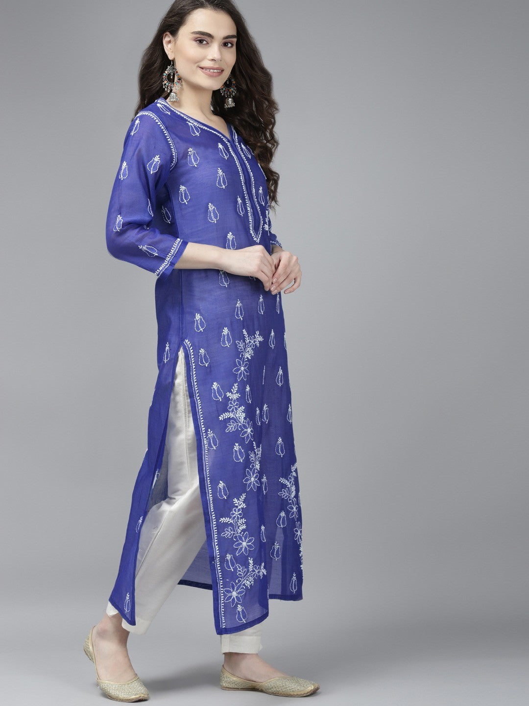 Ada Hand Embroidered Royal Blue Chanderi Lucknow Chikankari Kurta A411372