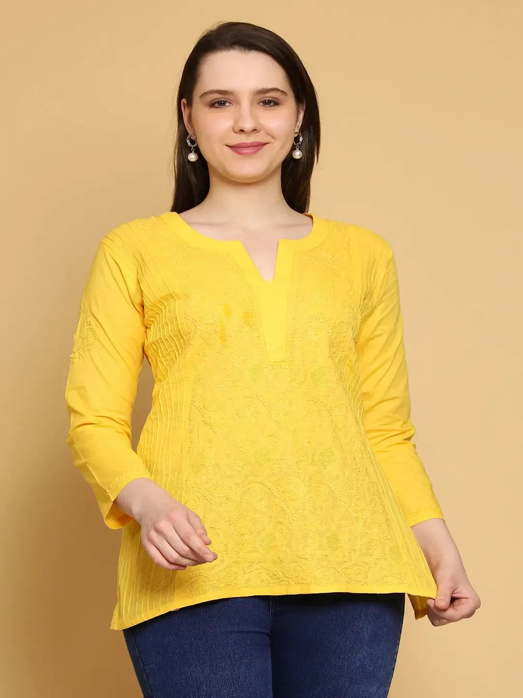 Ada Hand Embroidered Yellow Cotton Lucknowi Chikankari Straight Kurti A911309