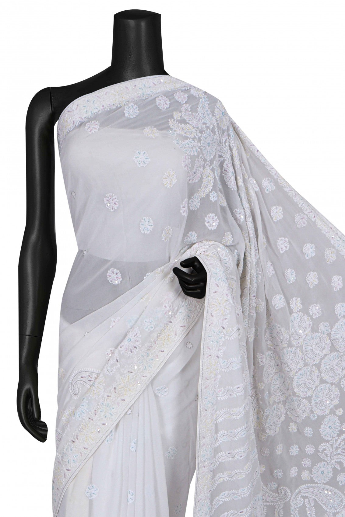 Ada Hand Embroidered White Georgette Lucknowi Chikankari Saree/Blouse With Cutdana Work 01A147431