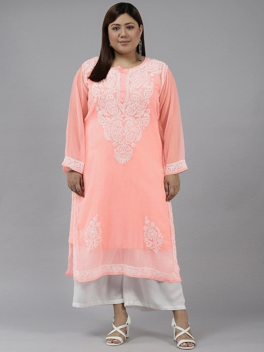 Ada Hand Embroidered Peach Georgette Lucknow Chikan Straight Kurta with Slip A411360