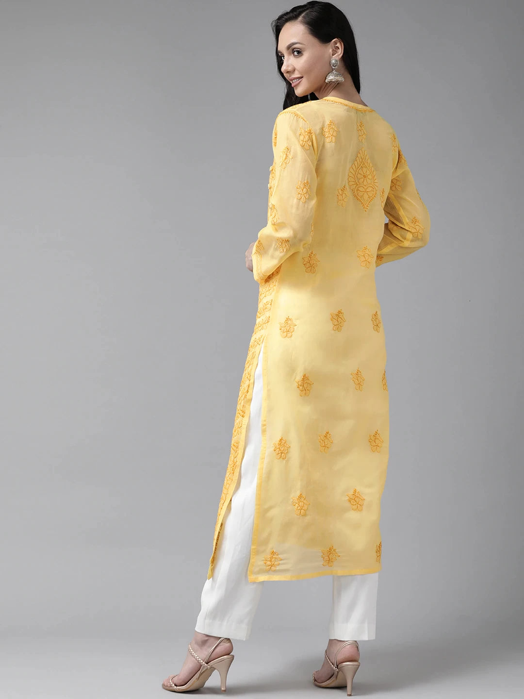 Ada Hand Embroidered Yellow Cotton Lucknowi Chikankari Kurta A411252