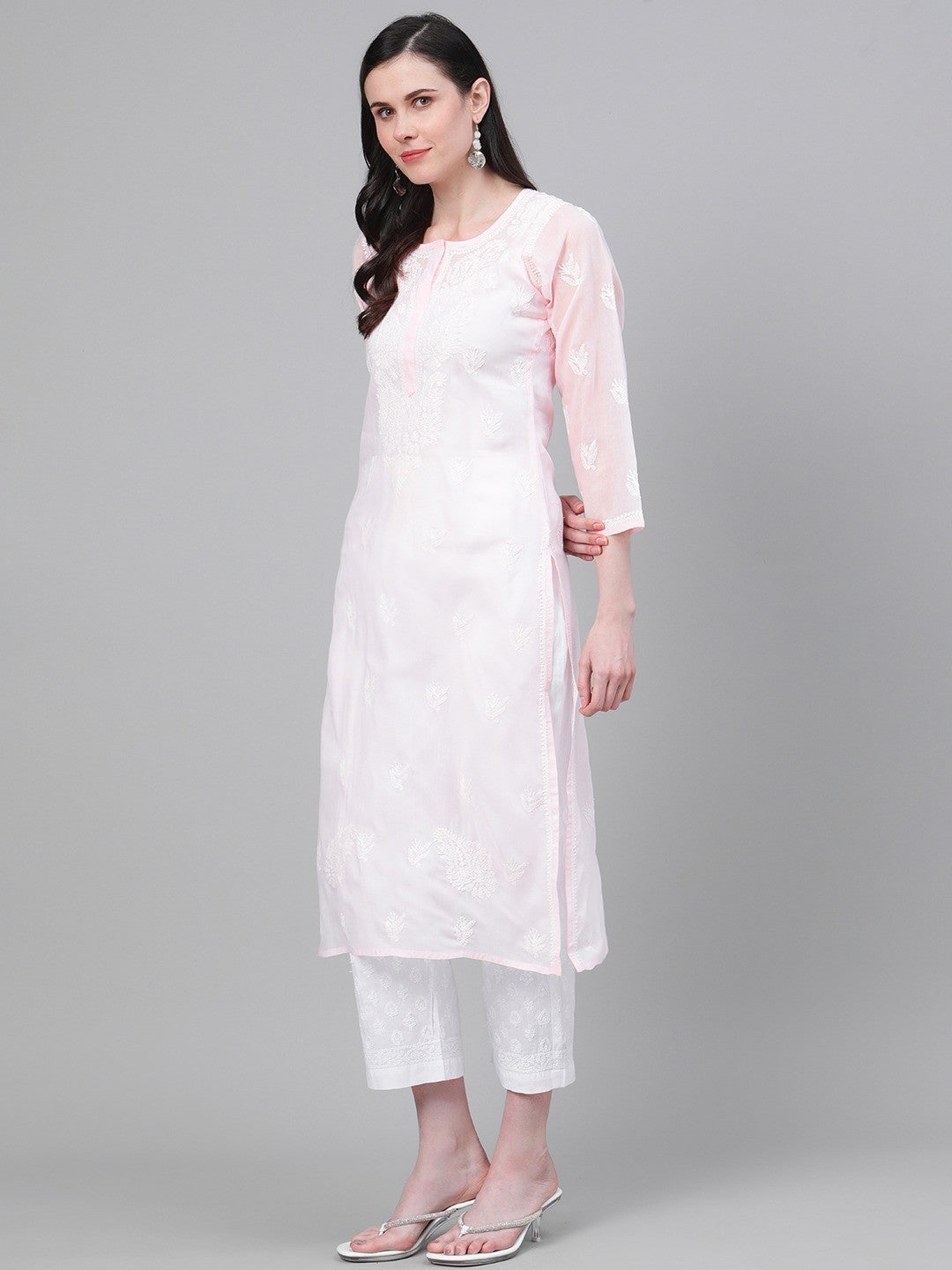 Ada Hand Embroidered Pink And White Cotton Lucknowi Chikankari Kurta with Palazzo A811155