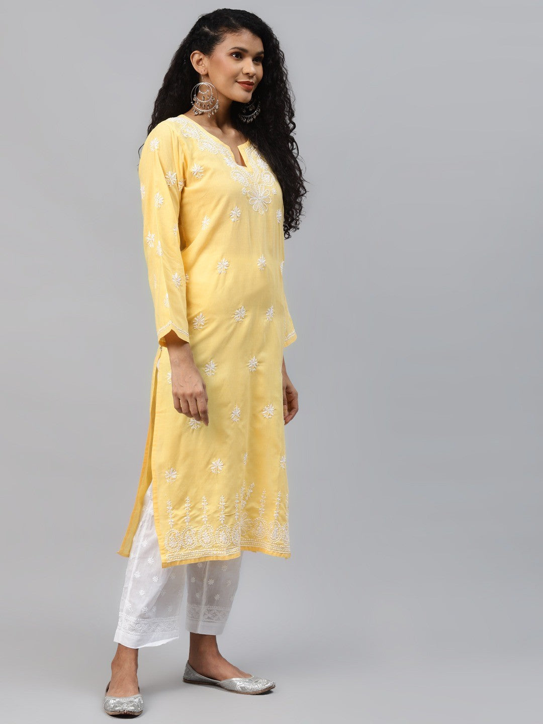 Ada Hand Embroidered Yellow Cotton Lucknowi Chikankari Straight Kurta Set A811196