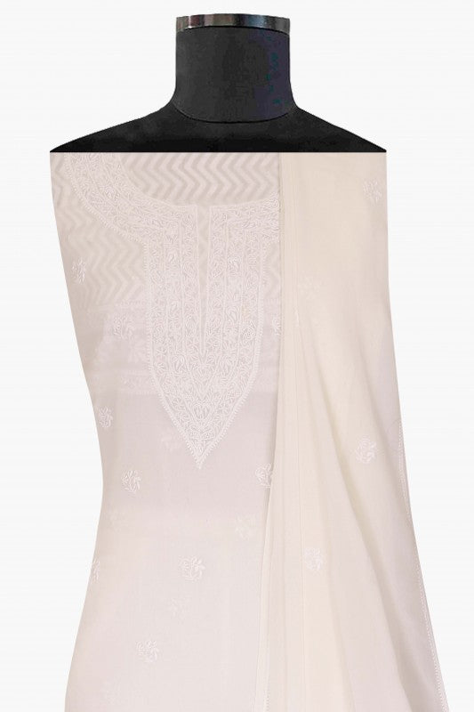 Ada Hand Embroidered White Pure Georgette Lucknowi Chikan Unstitched Kurta Dupatta Set A467217