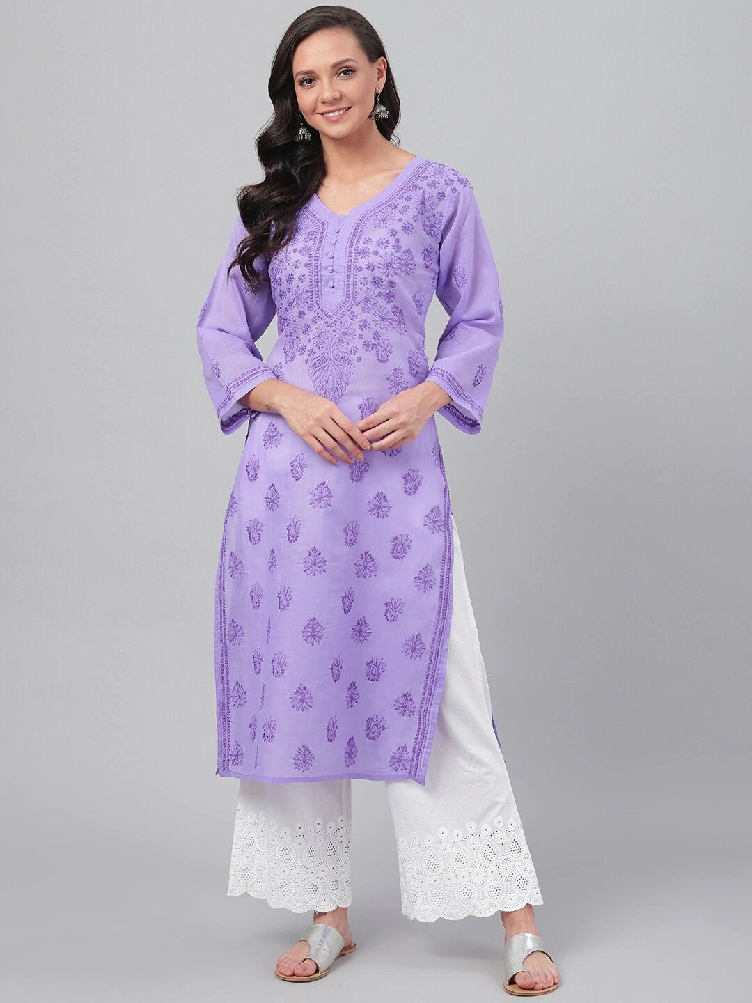 Ada Hand Embroidered Mauve Cotton Lucknowi Chikankari Straight Kurta A257262