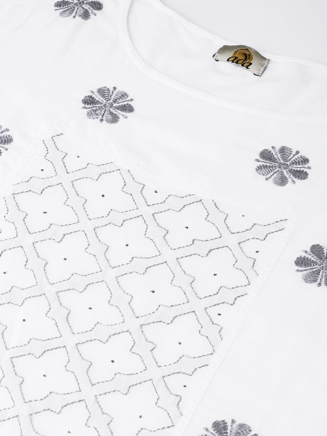 Ada Hand Embroidered White Cotton Lucknowi Chikankari Straight Kurta With Muqaish Work A100050