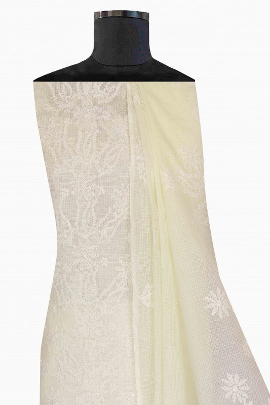 Ada Hand Embroidered Light Lemon Kota Lucknowi Chikan Unstitched Kurta Dupatta Set-A596917