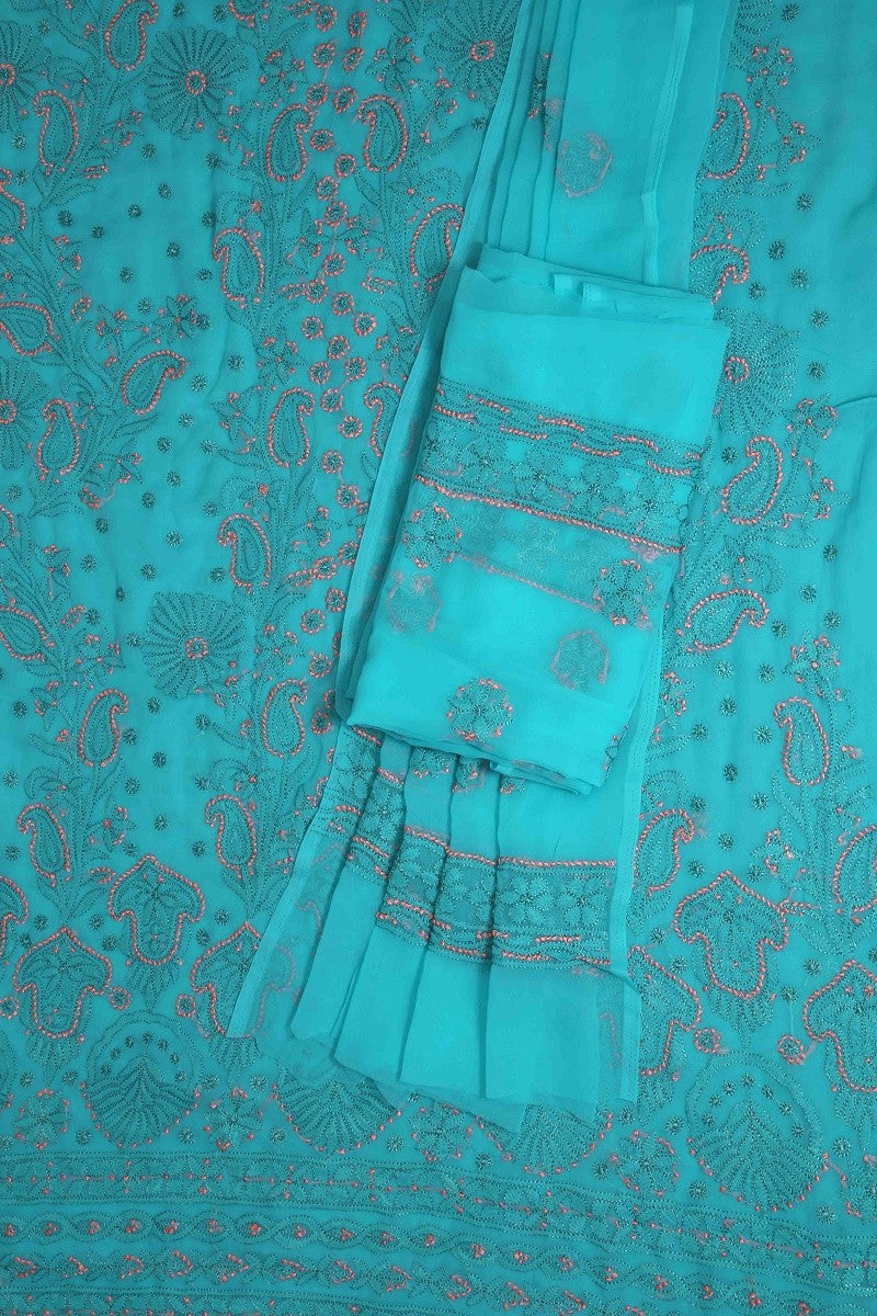 Ada Hand Embroidered Rama Green Georgette Lucknowi Chikan Unstitched Suit Piece-A211185