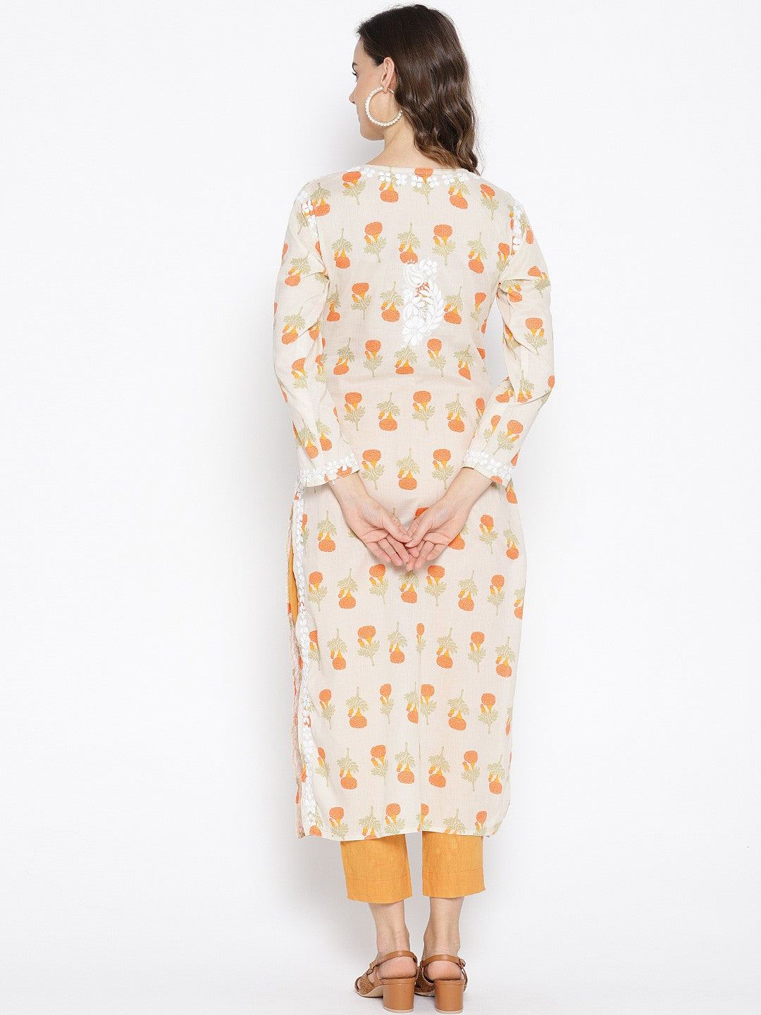 Ada Hand Embroidered Fawn Orange Cotton Lucknowi Chikankari Straight Kurta- A100035