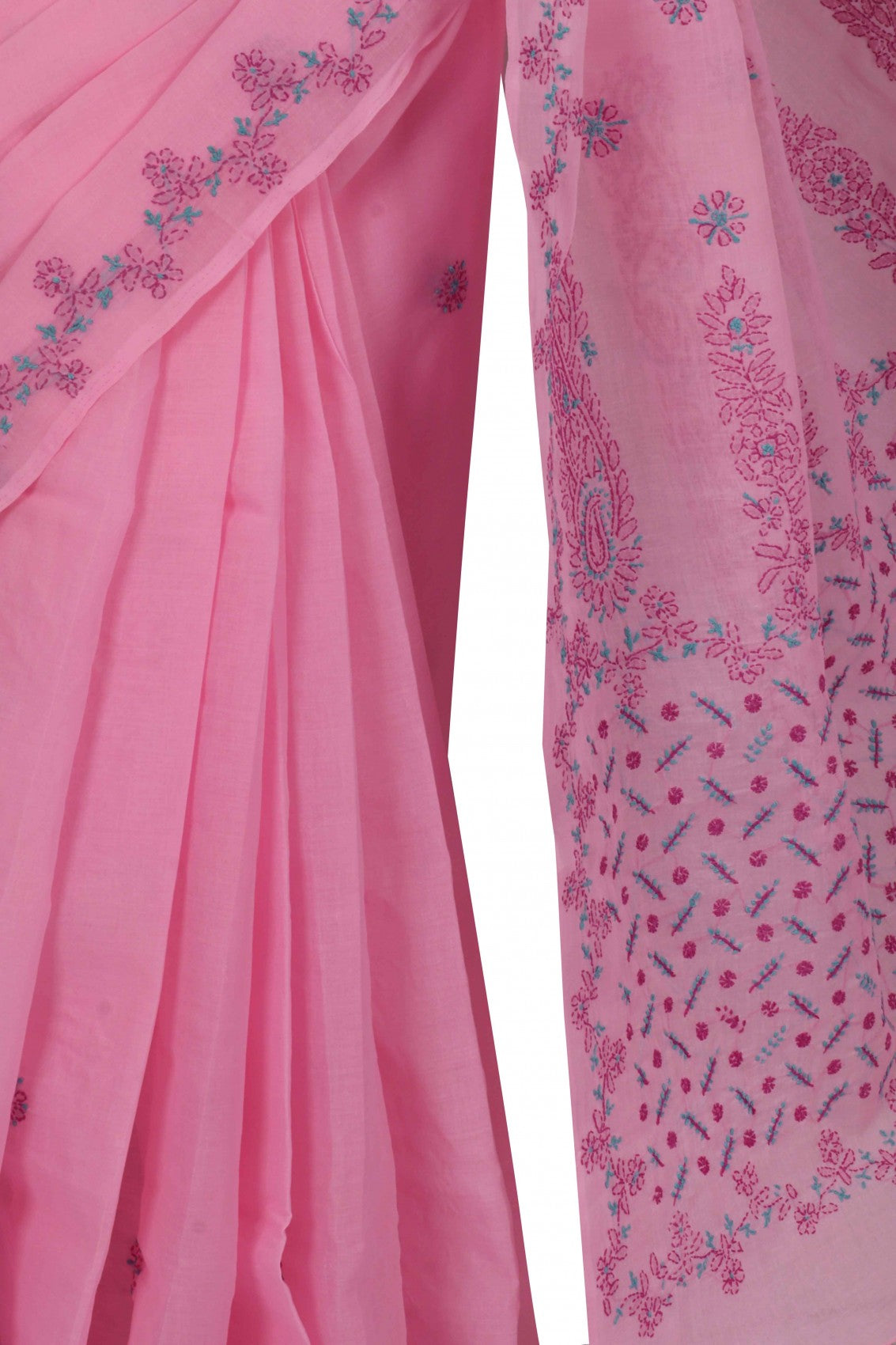 Ada Hand Embroidered Pink Cotton Lucknowi Chikankari Saree with Blouse A613993