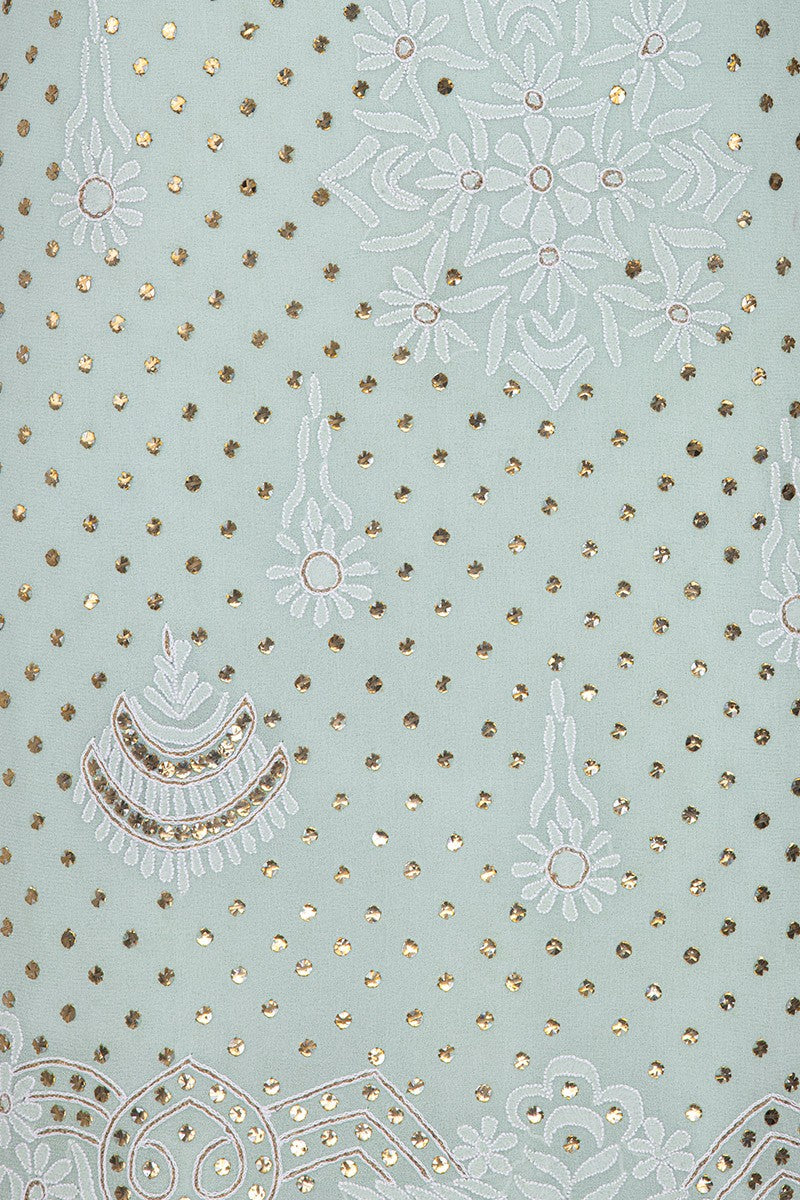 Ada Hand Embroidered Pista Green Pure Georgette Lucknowi Chikan Unstitched Kurta Dupatta Set With Muqaish Work- A414393