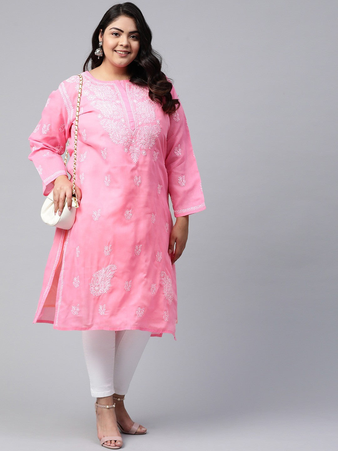 Ada Hand Embroidered Pink Cotton Lucknowi Chikankari Straight Kurta A133537
