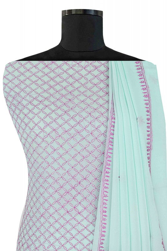 Ada Hand Embroidered Sea Green Pure Georgette Lucknowi Chikan Unstitched Kurta Dupatta Set A292109
