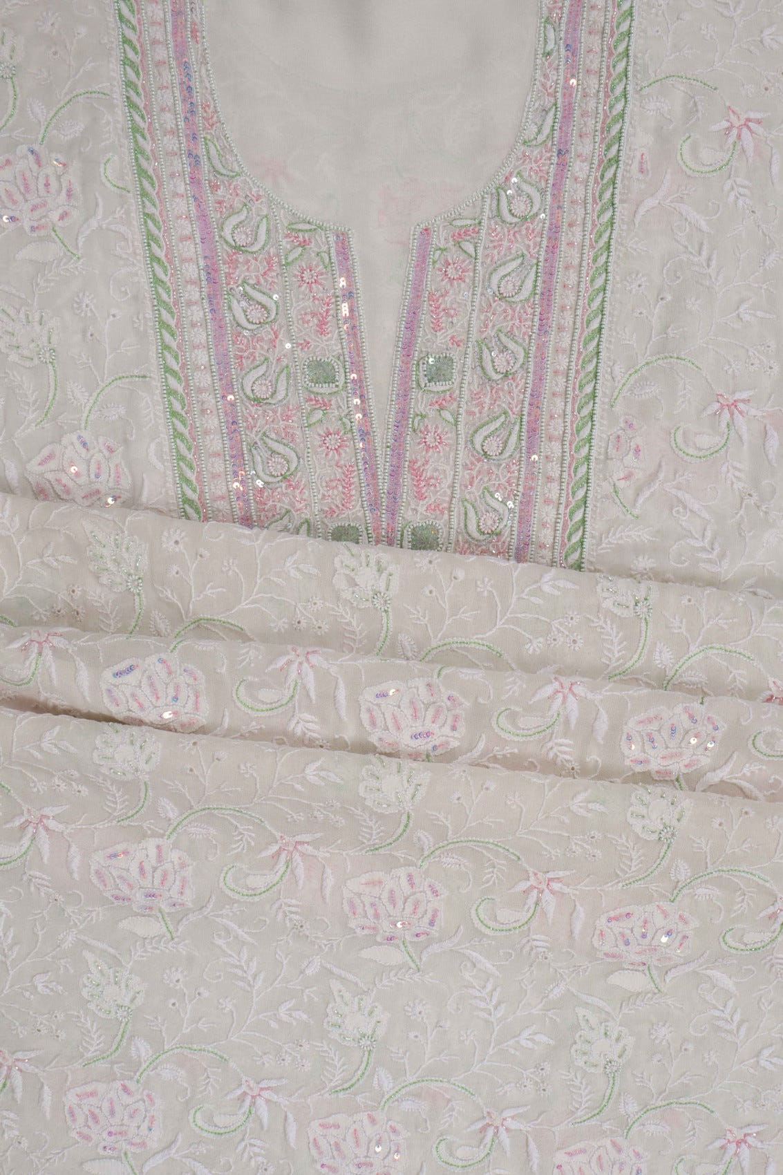 Ada Hand Embroidered White Pure Georgette Lucknowi Chikankari Unstitched Kurta Dupatta Set With Pearl Work A621851