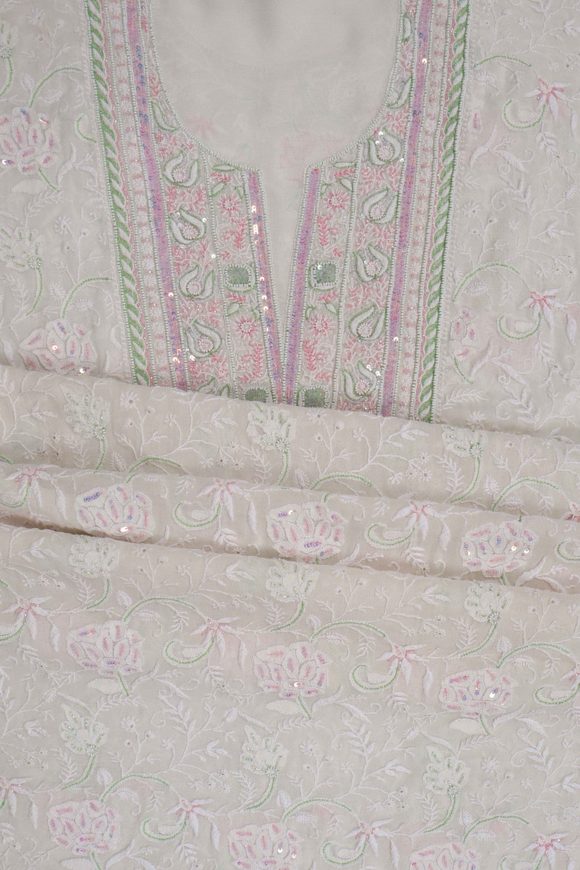 Ada Hand Embroidered White Pure Georgette Lucknowi Chikankari Unstitched Kurta Dupatta Set With Pearl Work A621851