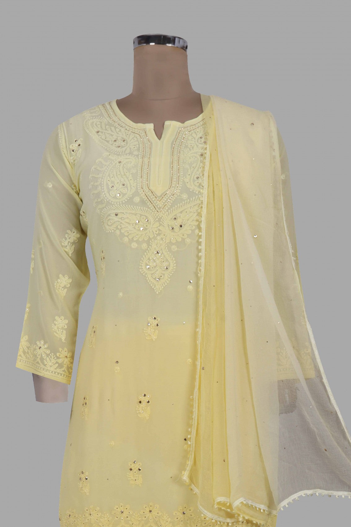 Ada Hand Embroidered Yellow Georgette Lucknowi Chikankari Kurta Dupatta And Palazzo Set With Muqaish Work 01A227745