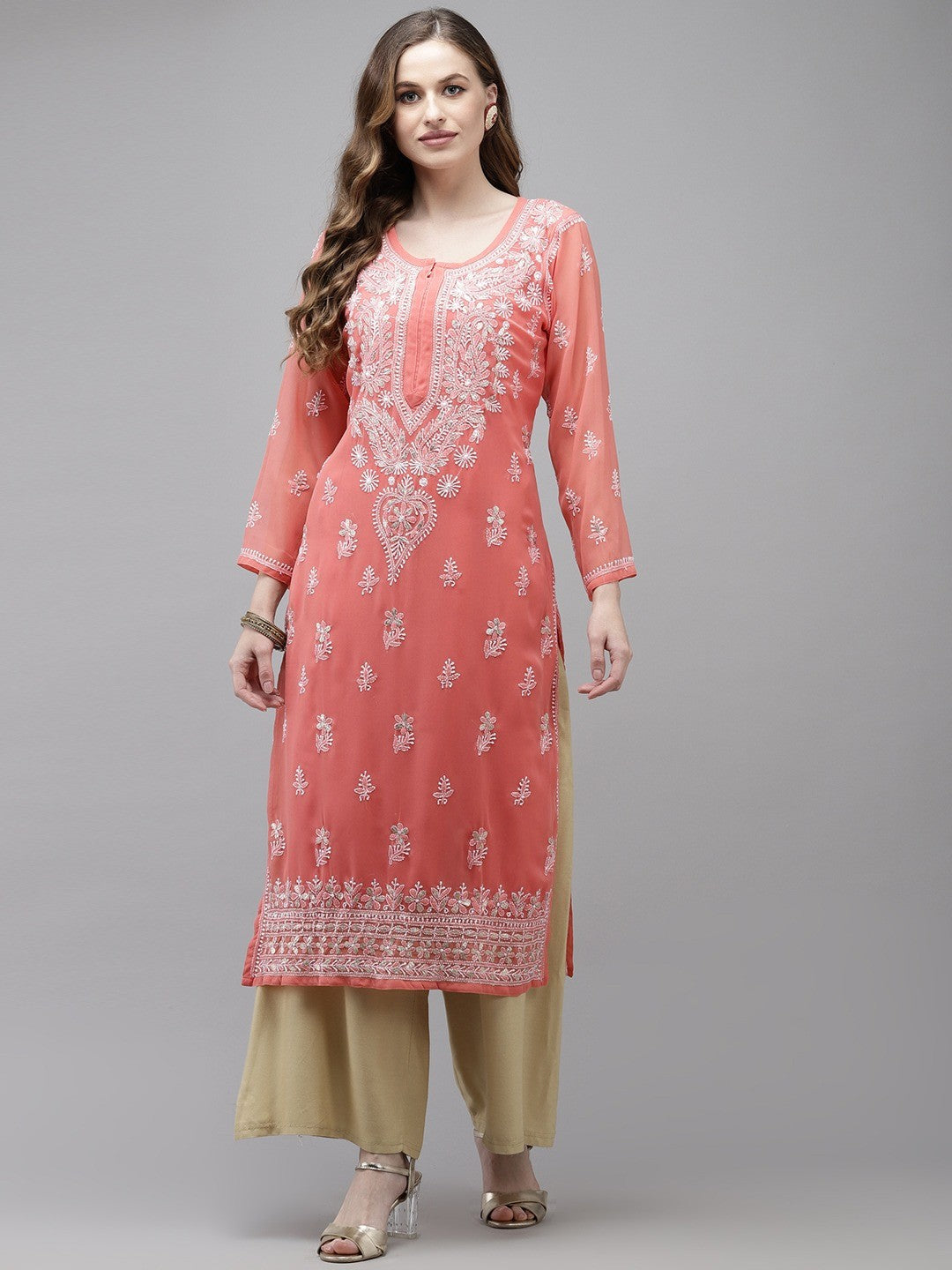 Ada Hand Embroidered Peach Georgette Lucknow Chikan Kurta/Slip with Gota Patti work A411356