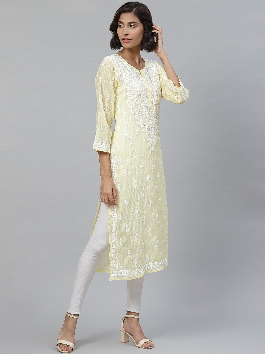 Ada Hand Embroidered Lemon Kota Lucknowi Chikankari Straight Kurta With Slip A411121