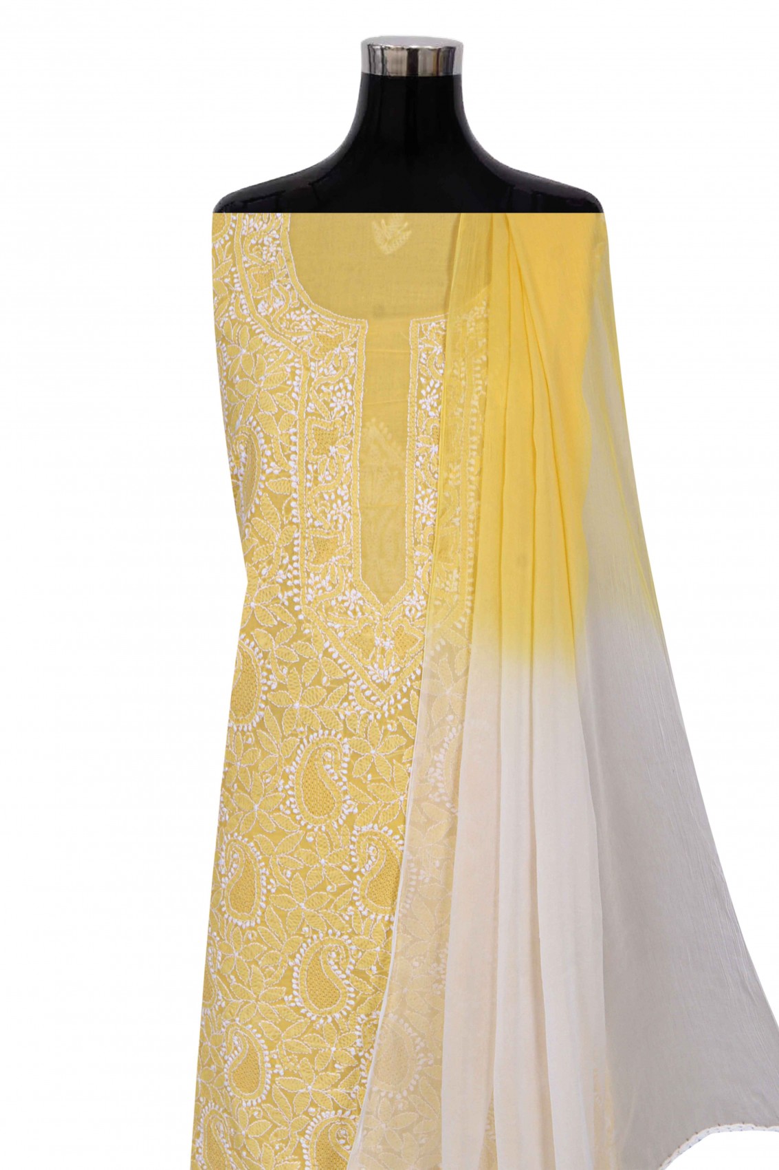 Ada Hand Embroidered Yellow Cotton Lucknowi Chikankari Unstitched Suit Piece 01A271089