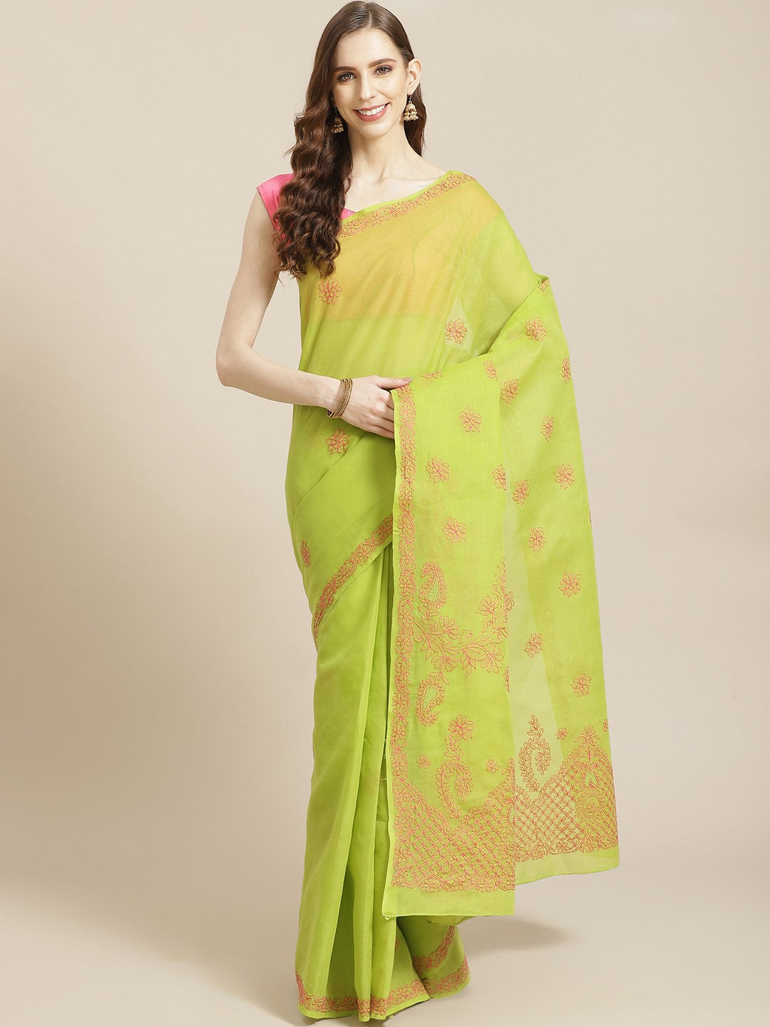 Ada Hand Embroidered Green Cotton Lucknow Chikan Saree With Blouse-A311220