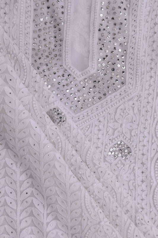 Ada Hand Embroidered White Georgette Lucknowi Chikan Unstitched Kurta Piece with Muqaish Work A508607