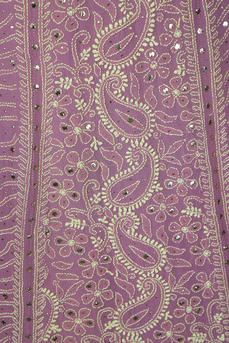 Ada Hand Embroidered Lilac Mauve Shaded Pure Georgette Lucknowi Chikankari Lehenga Set With Muqaish Work A610155