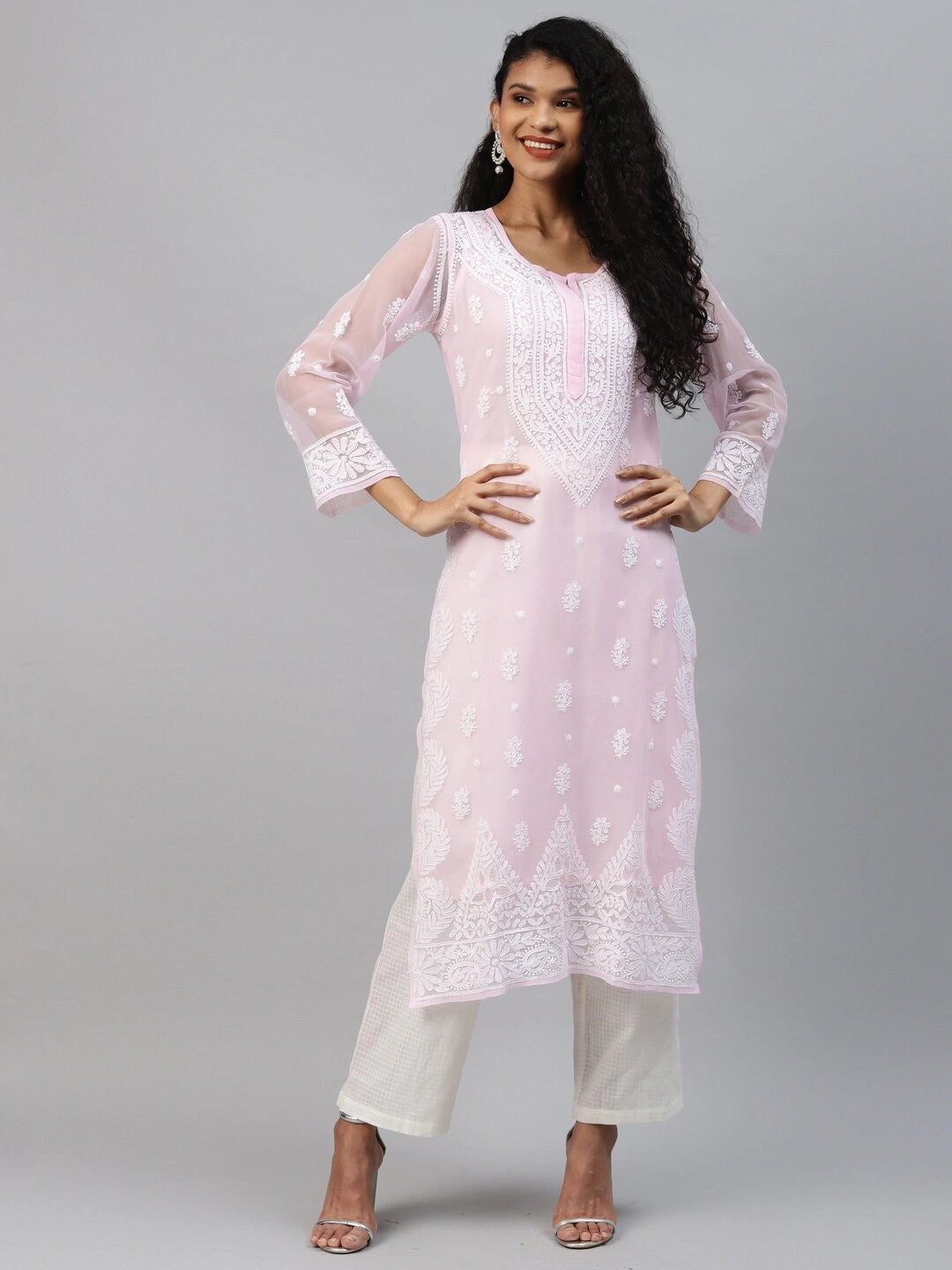 Ada Hand Embroidered Powder Pink Georgette Lucknowi Chikankari Straight Kurta with Slip A411208