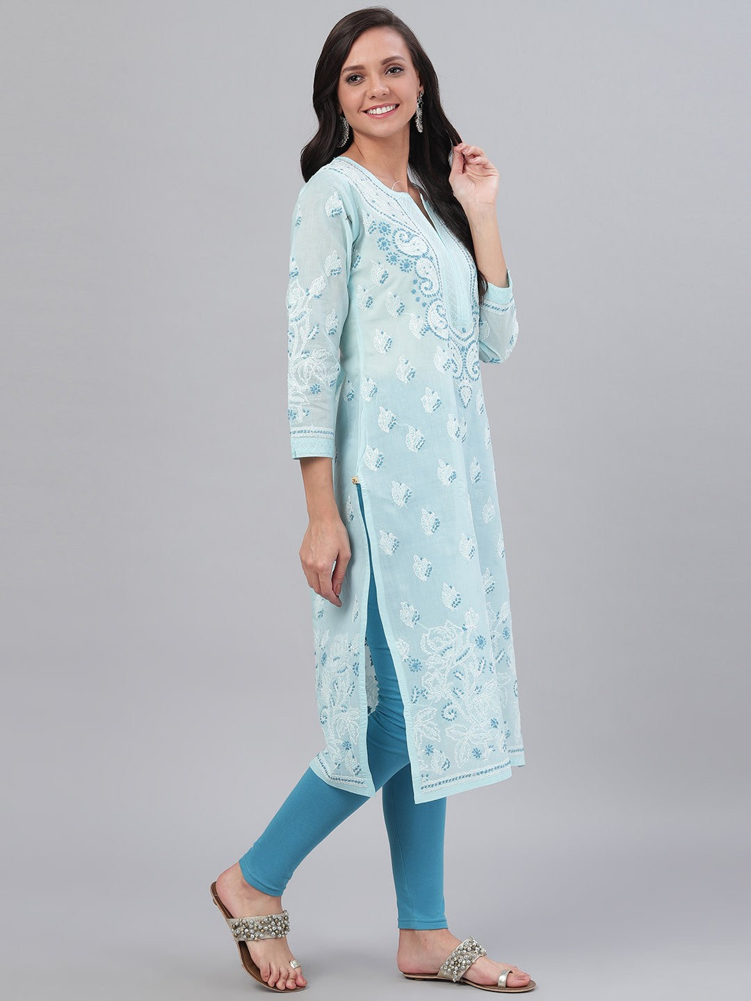 Ada Hand Embroidered Blue Cotton Lucknowi Chikankari Straight Kurta A227196
