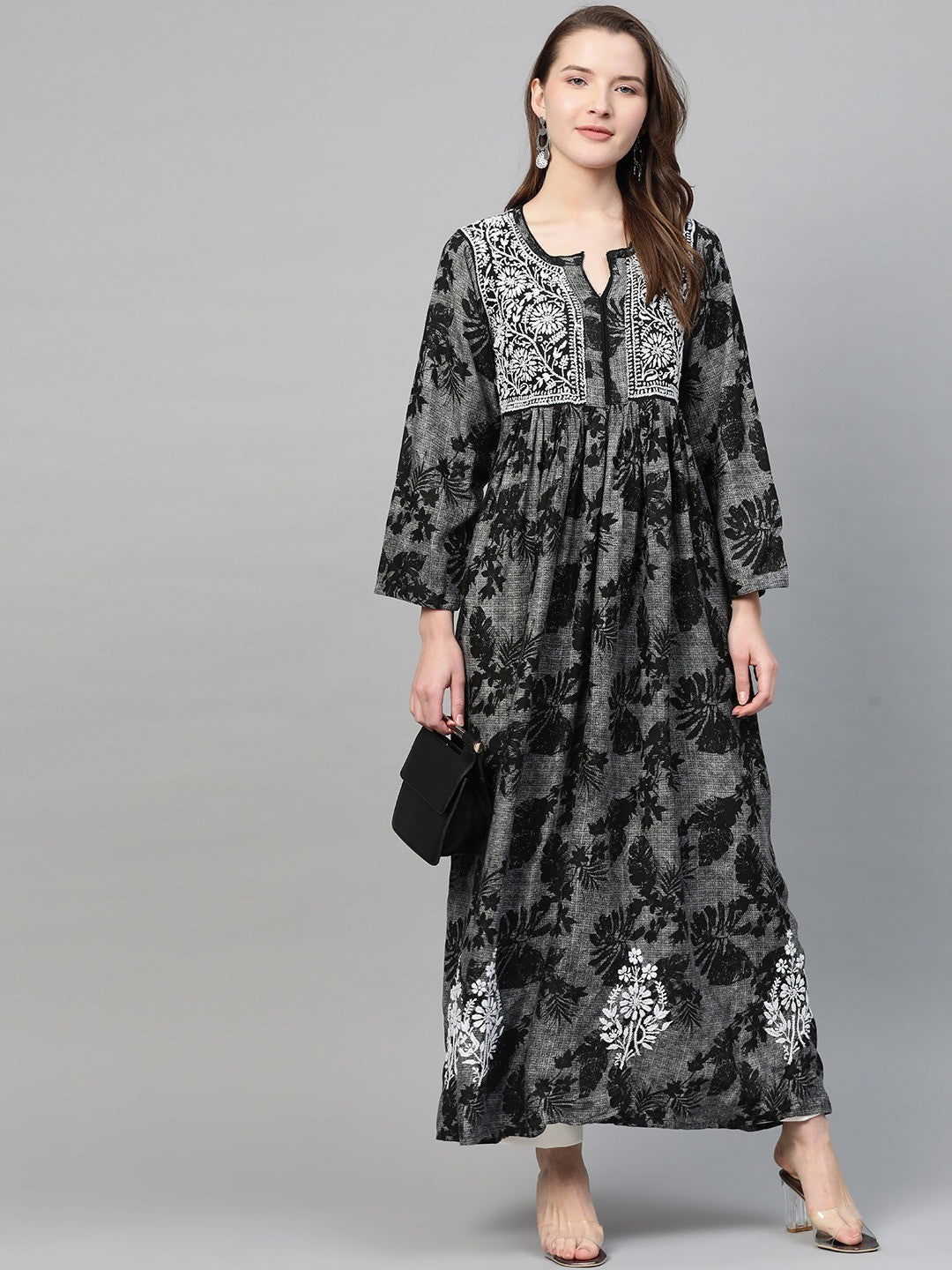 Ada Hand Embroidered Black Cotton Lucknowi Chikankari A Line Kurta A100459