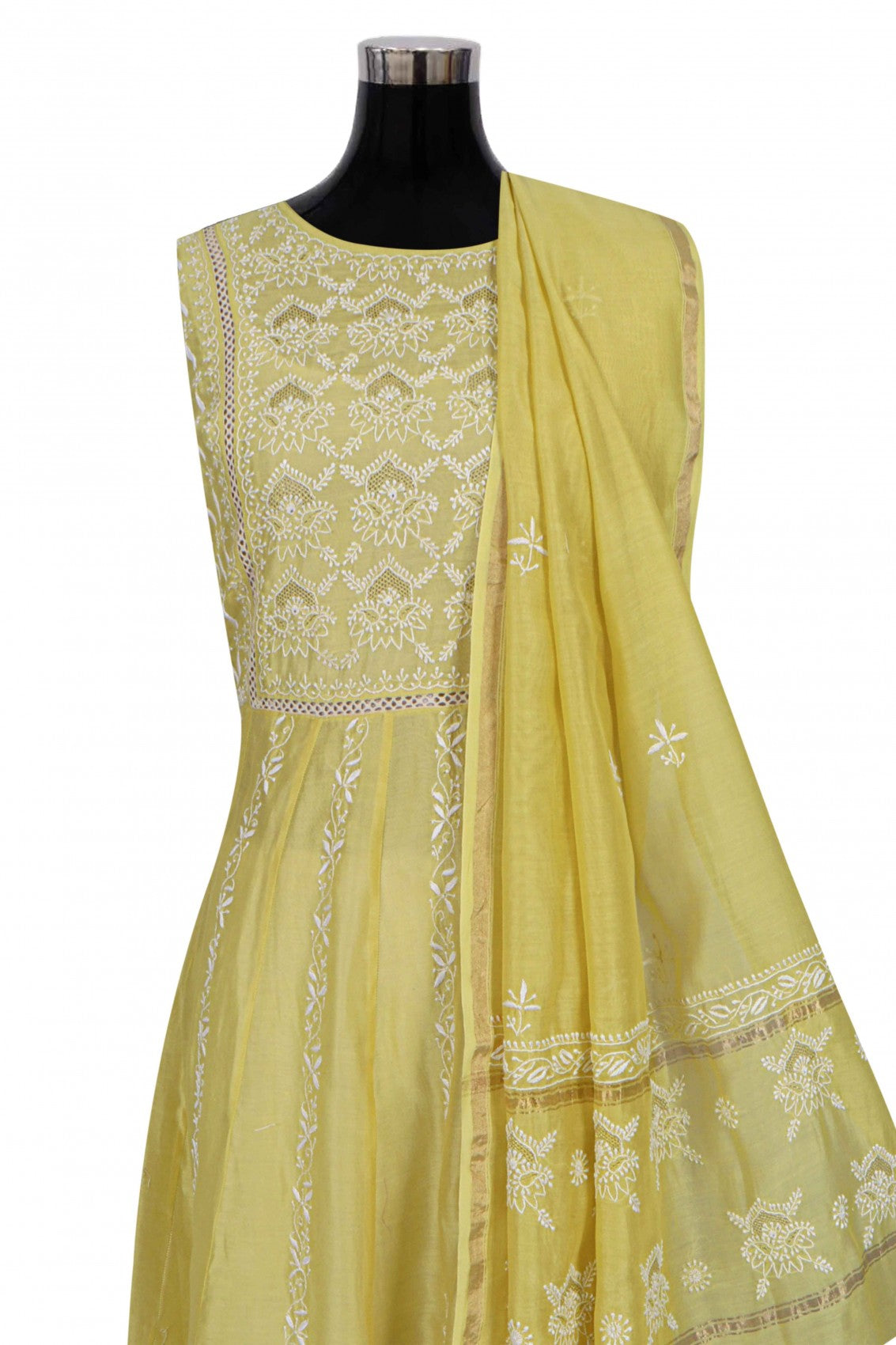 Ada Hand Embroidered Lemon Chanderi Lucknowi Chikankari Semi-Stitched Anarkali Kurta Dupatta Set With Zari Work 01A229767