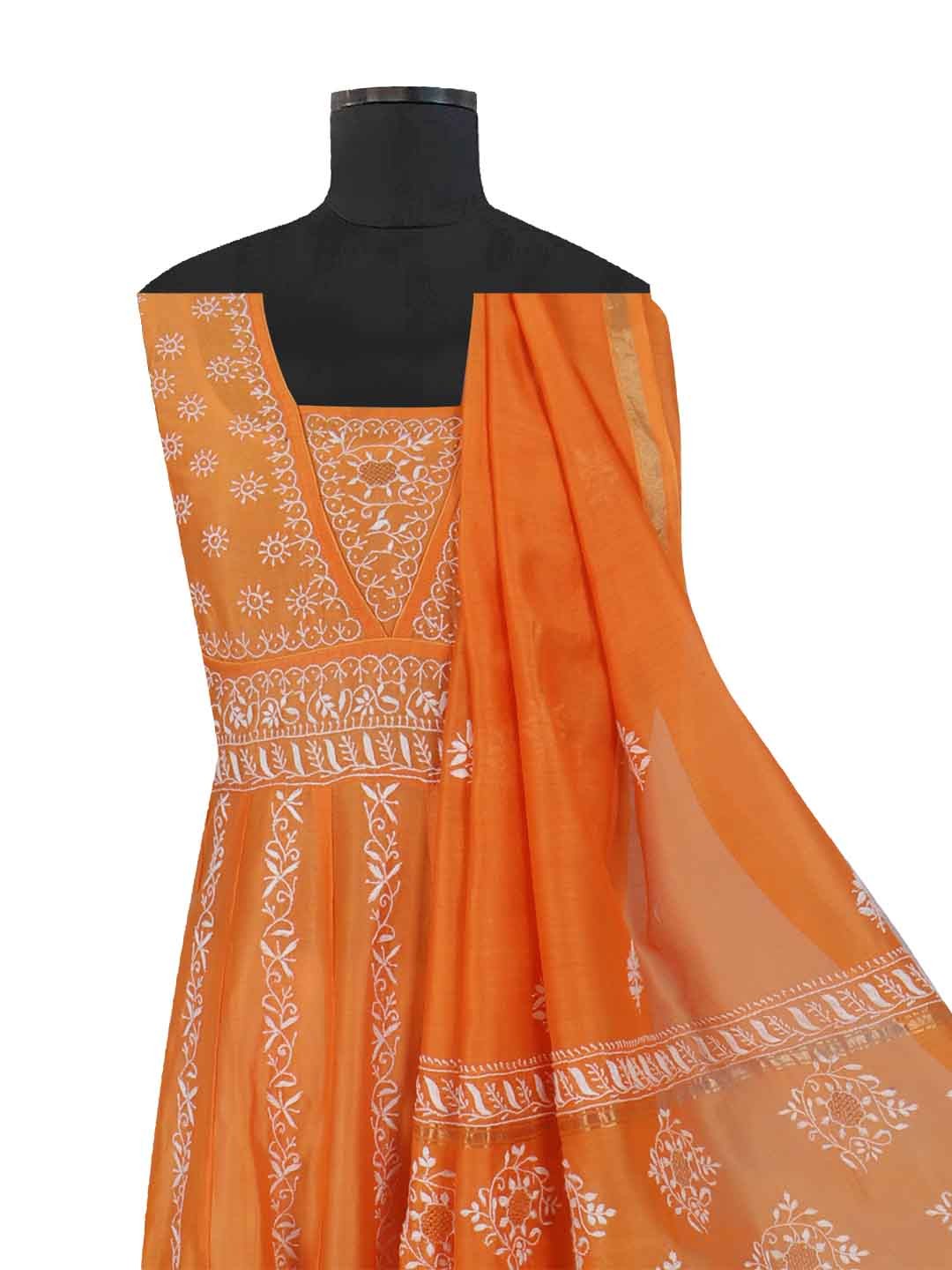 Ada Hand Embroidered Orange Chanderi Lucknowi Chikankari Semi-Stitched Anarkali Kurta Dupatta Set With Zari Work 01A205816