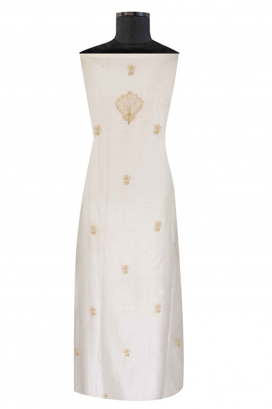Ada Hand Embroidered Off White Chanderi Lucknowi Chikankari Unstitched Kurta Dupatta Set With Pearl Work 01A86296