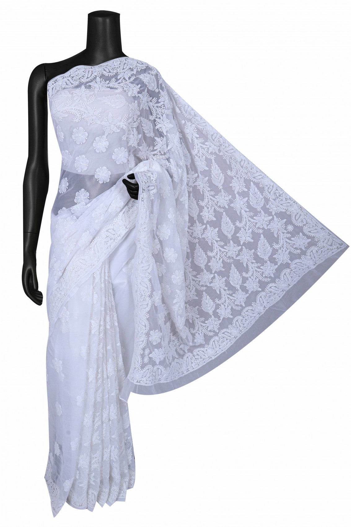 Ada Hand Embroidered White Georgette Lucknowi Chikankari Saree With Blouse A621568