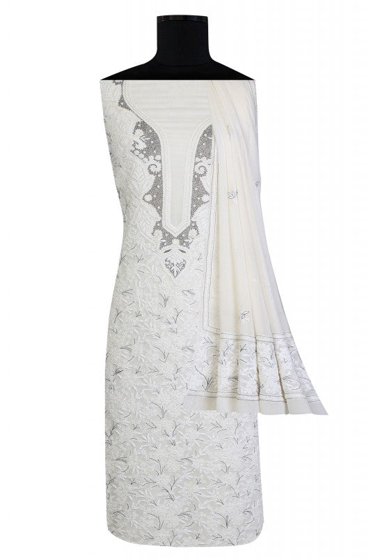 Ada Hand Embroidered White Pure Georgette Lucknowi Chikan Unstitched Kurta Dupatta Set With Pearl Work- A199028