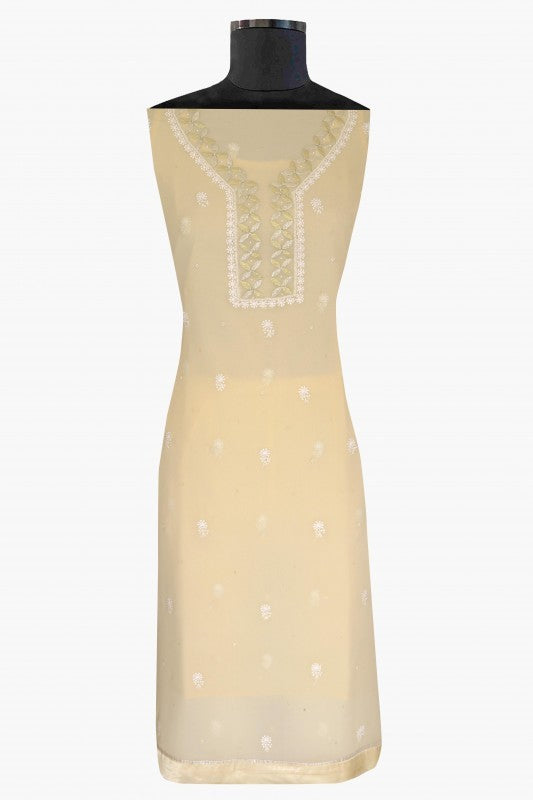 Ada Hand Embroidered Cream Chiffon Lucknowi Chikankari Unstitched Kurta Piece With Gota Patti Work A166470