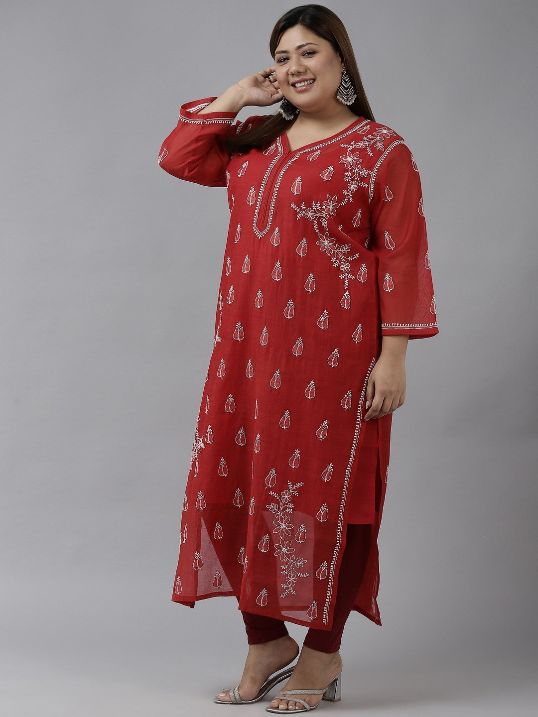 Ada Hand Embroidered Maroon Chanderi Lucknow ChikanKari Straight Kurta A411374