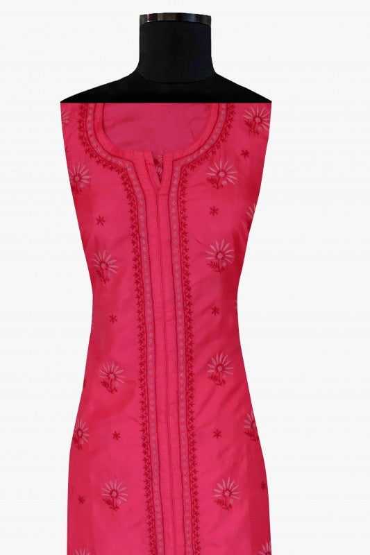 Ada Hand Embroidered Magenta Silk Lucknowi Chikan Semi-Stitched Kurta Piece-A617180