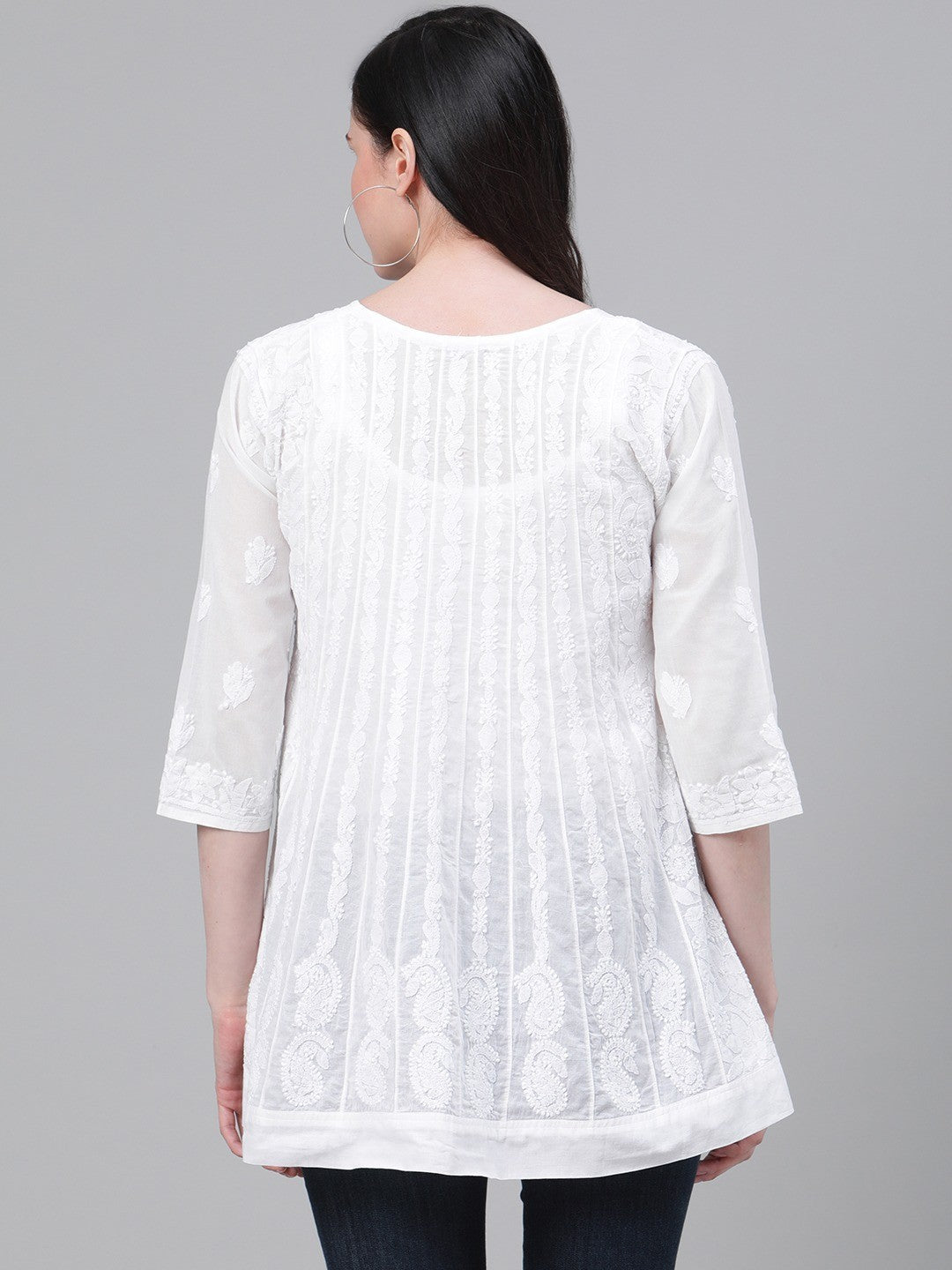 Ada Hand Embroidered White Cotton Lucknowi Chikankari A-Line Kurti A911114
