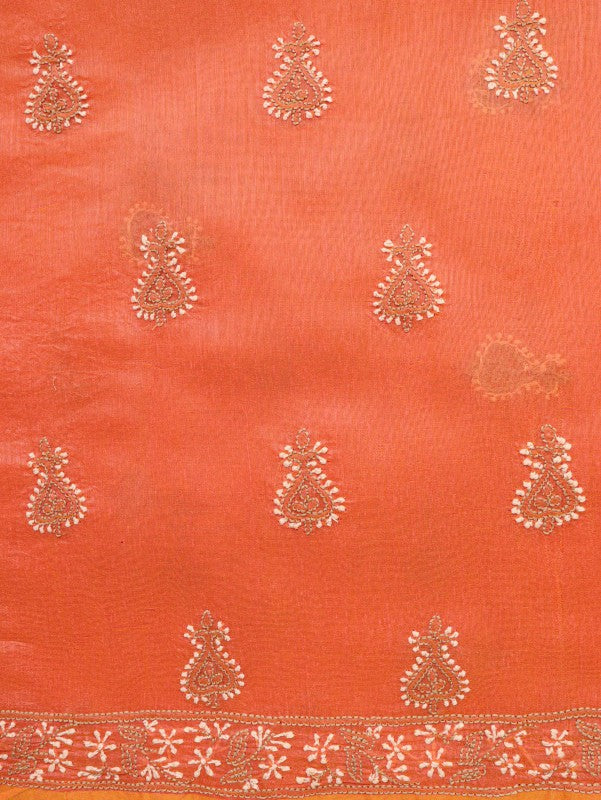 Ada Hand Embroidered Peach Chanderi Lucknowi Chikan Unstitched Kurta Dupatta Set A619028