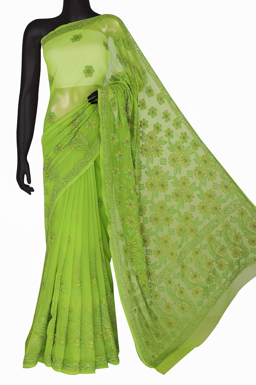 Ada Hand Embroidered Pear Green Georgette Lucknowi Chikankari Saree with Blouse A630395