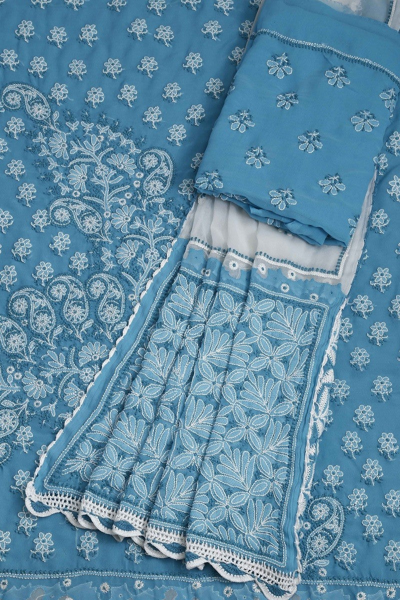 Ada Hand Embroidered Arctic Blue Georgette Lucknowi Chikan Unstitched Suit Piece A289005
